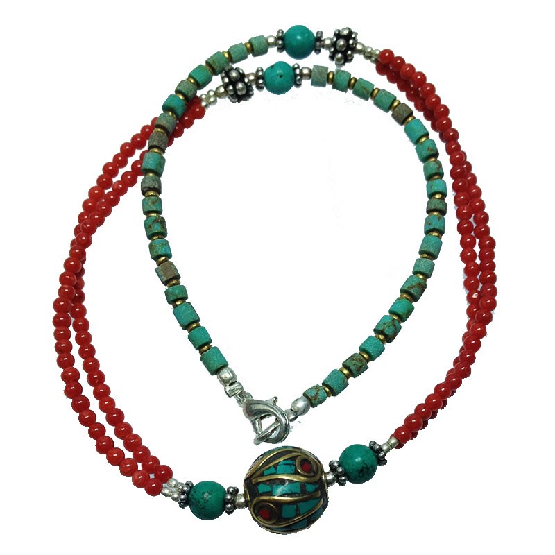 Turquoise and Coral Necklace - Inlaid Brass Bead - Fair Trade ...